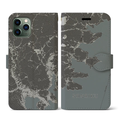 【三陸（岩手県）】地図柄iPhoneケース（手帳タイプ）モノトーン・iPhone 11 Pro 用