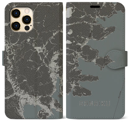 【三陸（岩手県）】地図柄iPhoneケース（手帳タイプ）モノトーン・iPhone 12 Pro Max 用