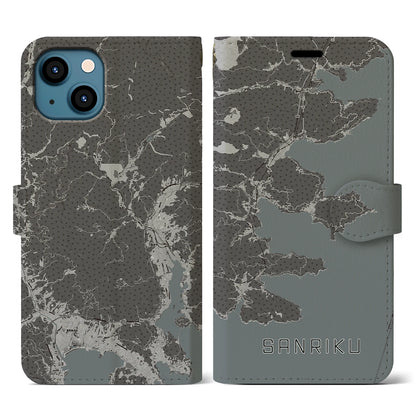 【三陸（岩手県）】地図柄iPhoneケース（手帳タイプ）モノトーン・iPhone 13 用