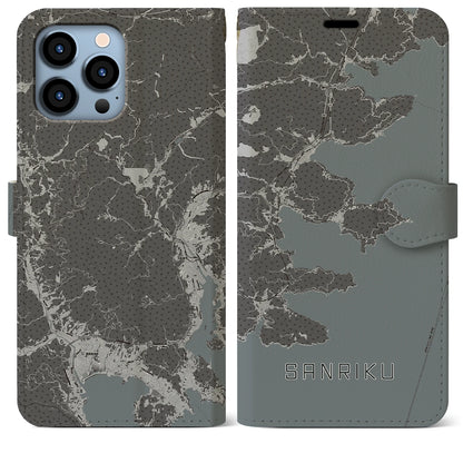 【三陸（岩手県）】地図柄iPhoneケース（手帳タイプ）モノトーン・iPhone 13 Pro Max 用