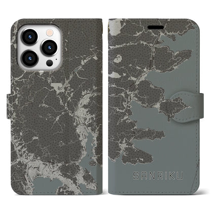 【三陸（岩手県）】地図柄iPhoneケース（手帳タイプ）モノトーン・iPhone 13 Pro 用