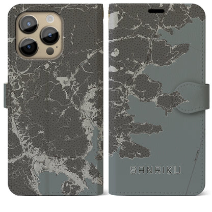 【三陸（岩手県）】地図柄iPhoneケース（手帳タイプ）モノトーン・iPhone 14 Pro Max 用