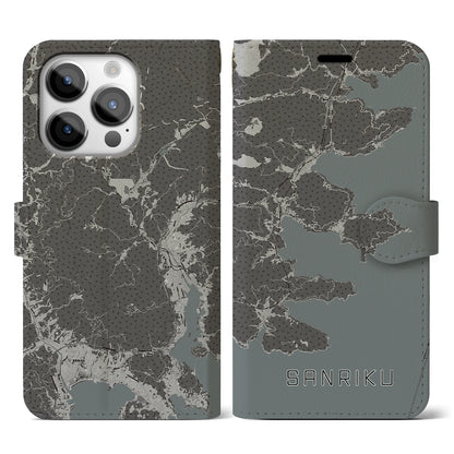 【三陸（岩手県）】地図柄iPhoneケース（手帳タイプ）モノトーン・iPhone 14 Pro 用