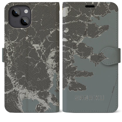 【三陸（岩手県）】地図柄iPhoneケース（手帳タイプ）モノトーン・iPhone 14 Plus 用