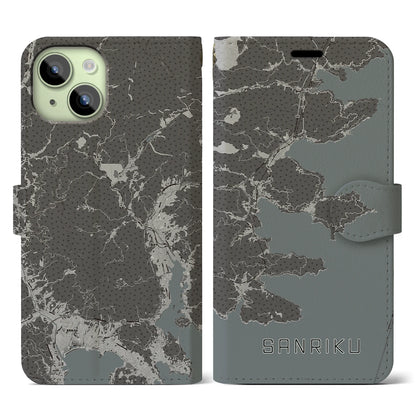 【三陸（岩手県）】地図柄iPhoneケース（手帳タイプ）モノトーン・iPhone 15 用