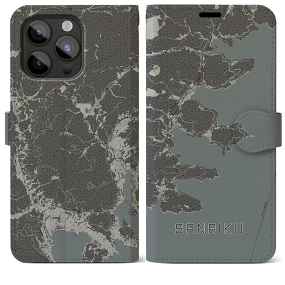 【三陸（岩手県）】地図柄iPhoneケース（手帳タイプ）モノトーン・iPhone 15 Pro Max 用