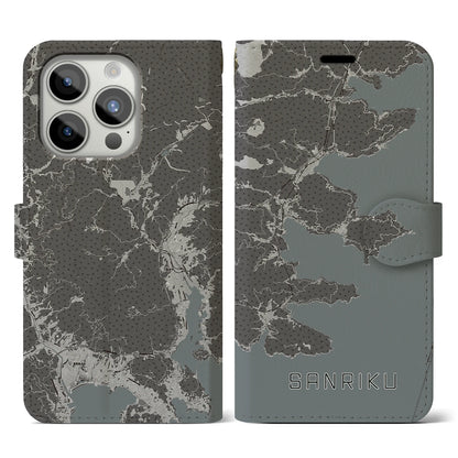 【三陸（岩手県）】地図柄iPhoneケース（手帳タイプ）モノトーン・iPhone 15 Pro 用