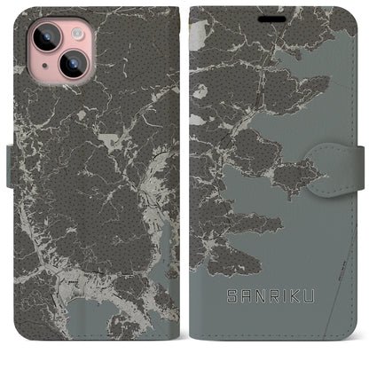 【三陸（岩手県）】地図柄iPhoneケース（手帳タイプ）モノトーン・iPhone 15 Plus 用