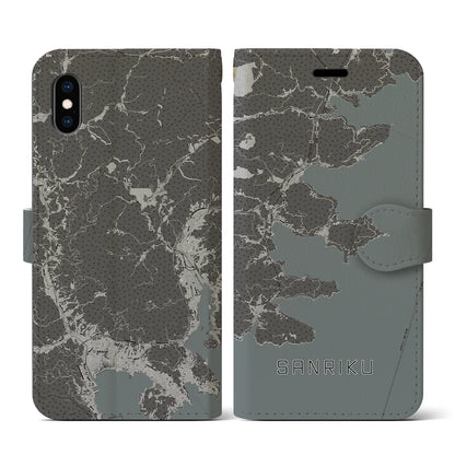 【三陸（岩手県）】地図柄iPhoneケース（手帳タイプ）モノトーン・iPhone XS / X 用