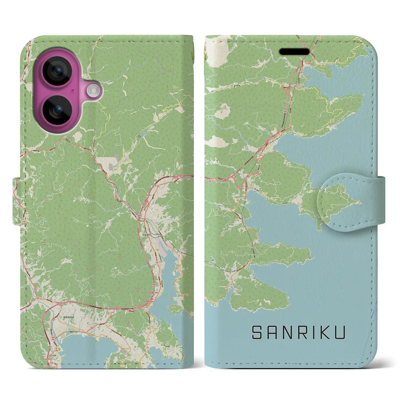 【三陸（岩手県）】地図柄iPhoneケース（手帳タイプ）ナチュラル・iPhone 16 Pro 用