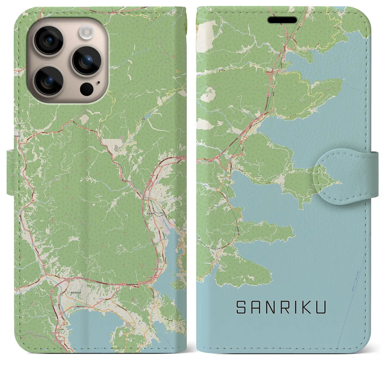 【三陸（岩手県）】地図柄iPhoneケース（手帳タイプ）ナチュラル・iPhone 16 Plus 用