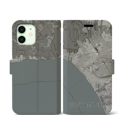 【サンタモニカ（アメリカ）】地図柄iPhoneケース（手帳タイプ）モノトーン・iPhone 12 mini 用