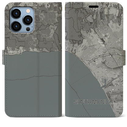 【サンタモニカ（アメリカ）】地図柄iPhoneケース（手帳タイプ）モノトーン・iPhone 13 Pro Max 用