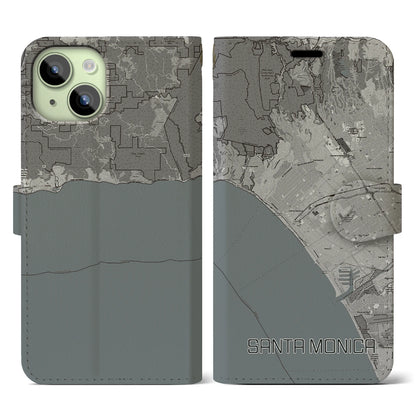 【サンタモニカ（アメリカ）】地図柄iPhoneケース（手帳タイプ）モノトーン・iPhone 15 用