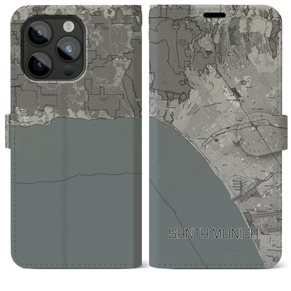 【サンタモニカ（アメリカ）】地図柄iPhoneケース（手帳タイプ）モノトーン・iPhone 15 Pro Max 用