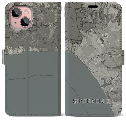 【サンタモニカ（アメリカ）】地図柄iPhoneケース（手帳タイプ）モノトーン・iPhone 15 Plus 用