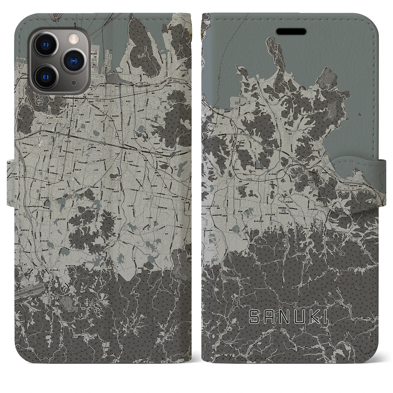 【さぬき】地図柄iPhoneケース（手帳両面タイプ・モノトーン）iPhone 11 Pro Max 用