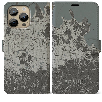 【さぬき】地図柄iPhoneケース（手帳両面タイプ・モノトーン）iPhone 14 Pro Max 用