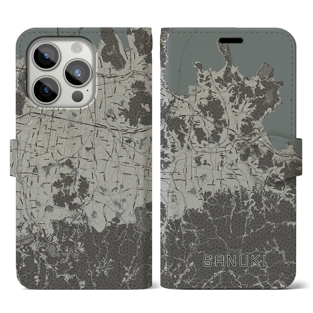 【さぬき】地図柄iPhoneケース（手帳両面タイプ・モノトーン）iPhone 15 Pro 用