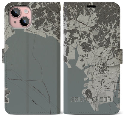 【山陽小野田（山口県）】地図柄iPhoneケース（手帳タイプ）モノトーン・iPhone 15 Plus 用