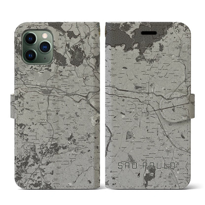 【サンパウロ（ブラジル）】地図柄iPhoneケース（手帳タイプ）モノトーン・iPhone 11 Pro 用
