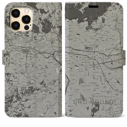 【サンパウロ（ブラジル）】地図柄iPhoneケース（手帳タイプ）モノトーン・iPhone 12 Pro Max 用