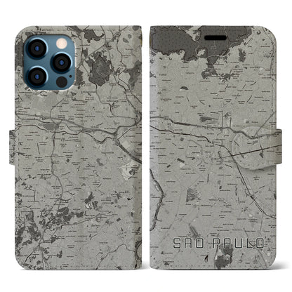 【サンパウロ（ブラジル）】地図柄iPhoneケース（手帳タイプ）モノトーン・iPhone 12 / 12 Pro 用