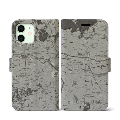 【サンパウロ（ブラジル）】地図柄iPhoneケース（手帳タイプ）モノトーン・iPhone 12 mini 用