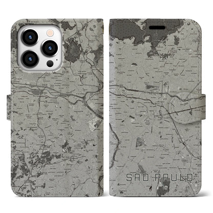 【サンパウロ（ブラジル）】地図柄iPhoneケース（手帳タイプ）モノトーン・iPhone 13 Pro 用