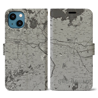 【サンパウロ（ブラジル）】地図柄iPhoneケース（手帳タイプ）モノトーン・iPhone 13 用