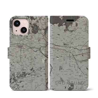 【サンパウロ（ブラジル）】地図柄iPhoneケース（手帳タイプ）モノトーン・iPhone 13 mini 用