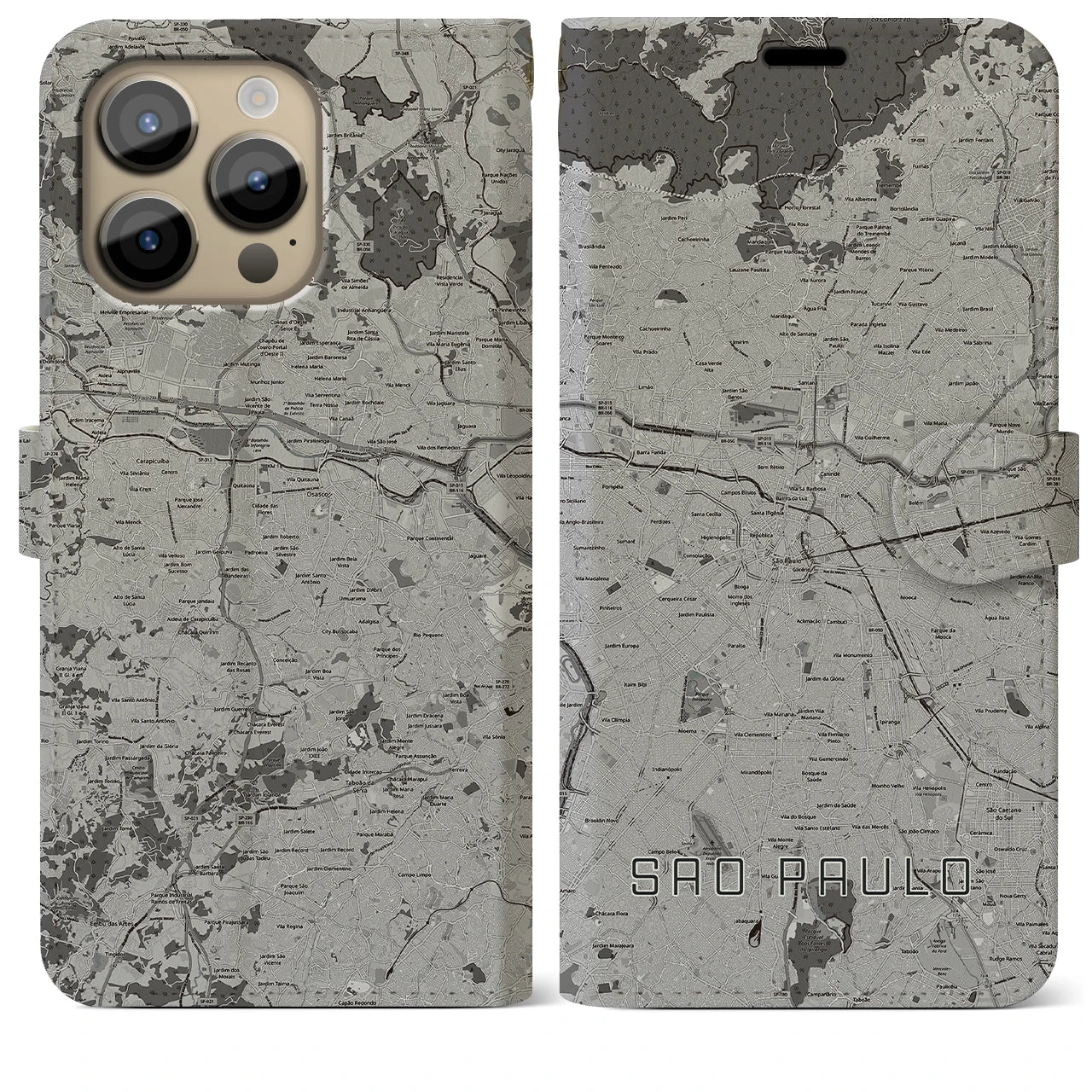 【サンパウロ】地図柄iPhoneケース（手帳両面タイプ・モノトーン）iPhone 14 Pro Max 用