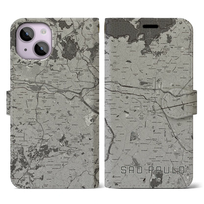 【サンパウロ（ブラジル）】地図柄iPhoneケース（手帳タイプ）モノトーン・iPhone 14 用