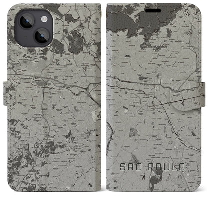 【サンパウロ（ブラジル）】地図柄iPhoneケース（手帳タイプ）モノトーン・iPhone 14 Plus 用