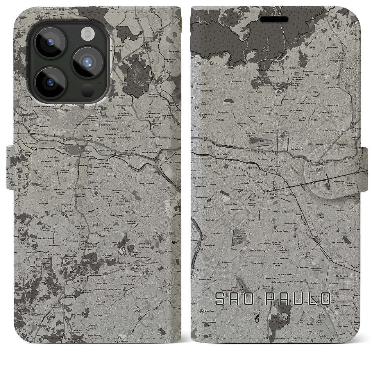 【サンパウロ】地図柄iPhoneケース（手帳両面タイプ・モノトーン）iPhone 15 Pro Max 用