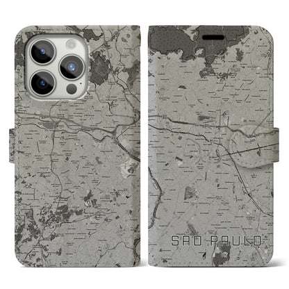 【サンパウロ（ブラジル）】地図柄iPhoneケース（手帳タイプ）モノトーン・iPhone 15 Pro 用