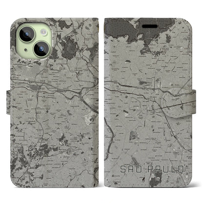 【サンパウロ（ブラジル）】地図柄iPhoneケース（手帳タイプ）モノトーン・iPhone 15 用