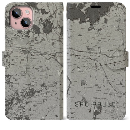 【サンパウロ（ブラジル）】地図柄iPhoneケース（手帳タイプ）モノトーン・iPhone 15 Plus 用