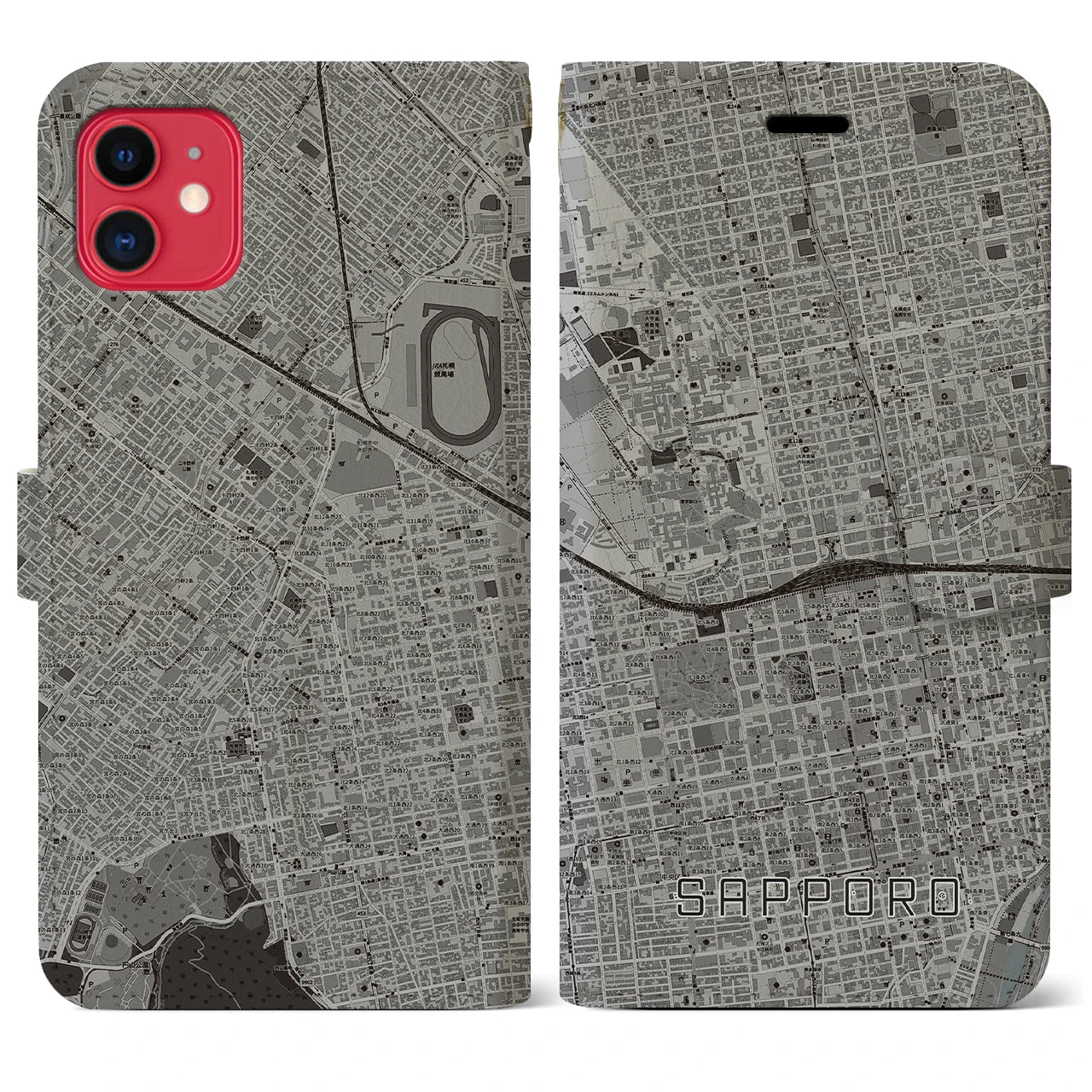 【札幌2】地図柄iPhoneケース（手帳両面タイプ・モノトーン）iPhone 11 用