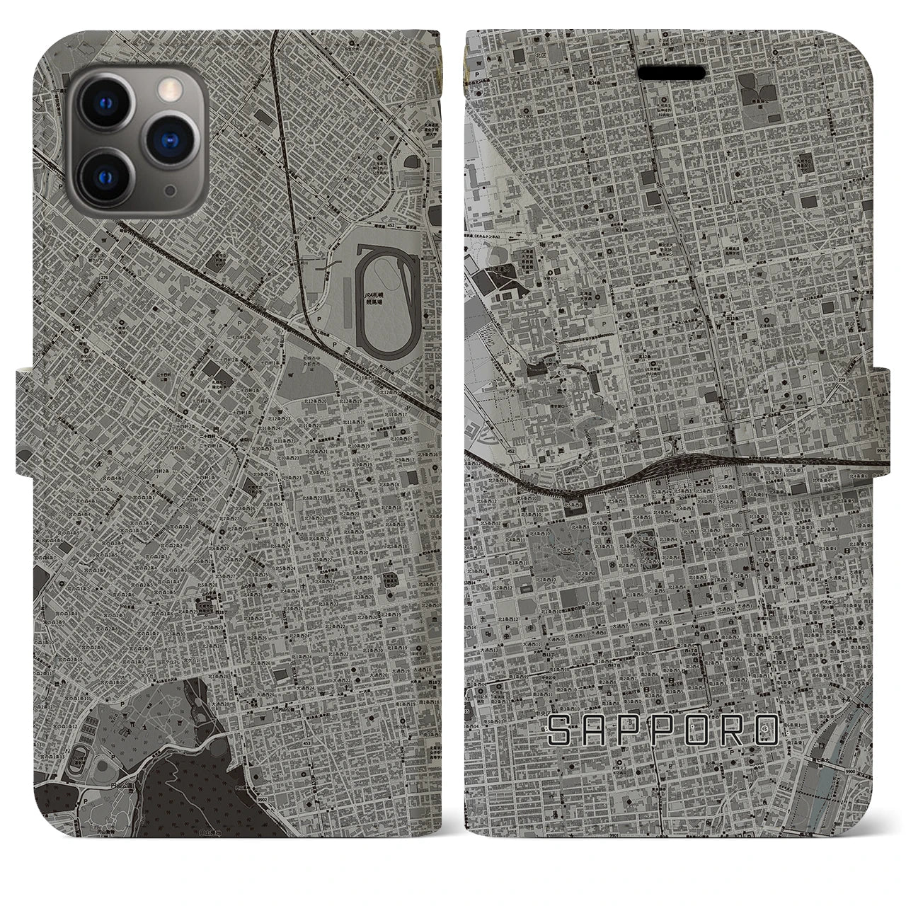 【札幌2】地図柄iPhoneケース（手帳両面タイプ・モノトーン）iPhone 11 Pro Max 用