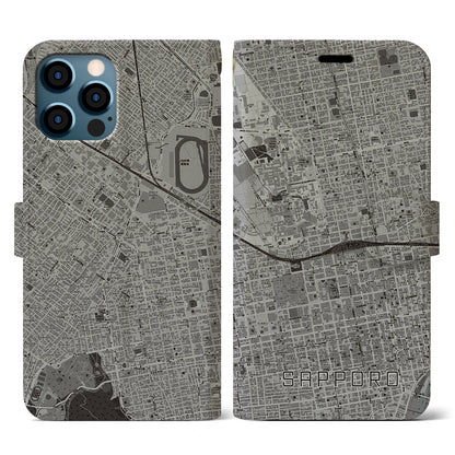 【札幌2（北海道）】地図柄iPhoneケース（手帳タイプ）モノトーン・iPhone 12 / 12 Pro 用
