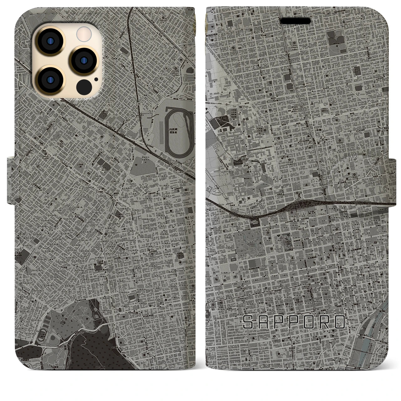 【札幌2】地図柄iPhoneケース（手帳両面タイプ・モノトーン）iPhone 12 Pro Max 用