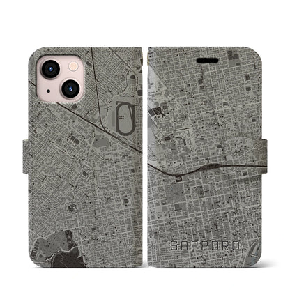 【札幌2（北海道）】地図柄iPhoneケース（手帳タイプ）モノトーン・iPhone 13 mini 用