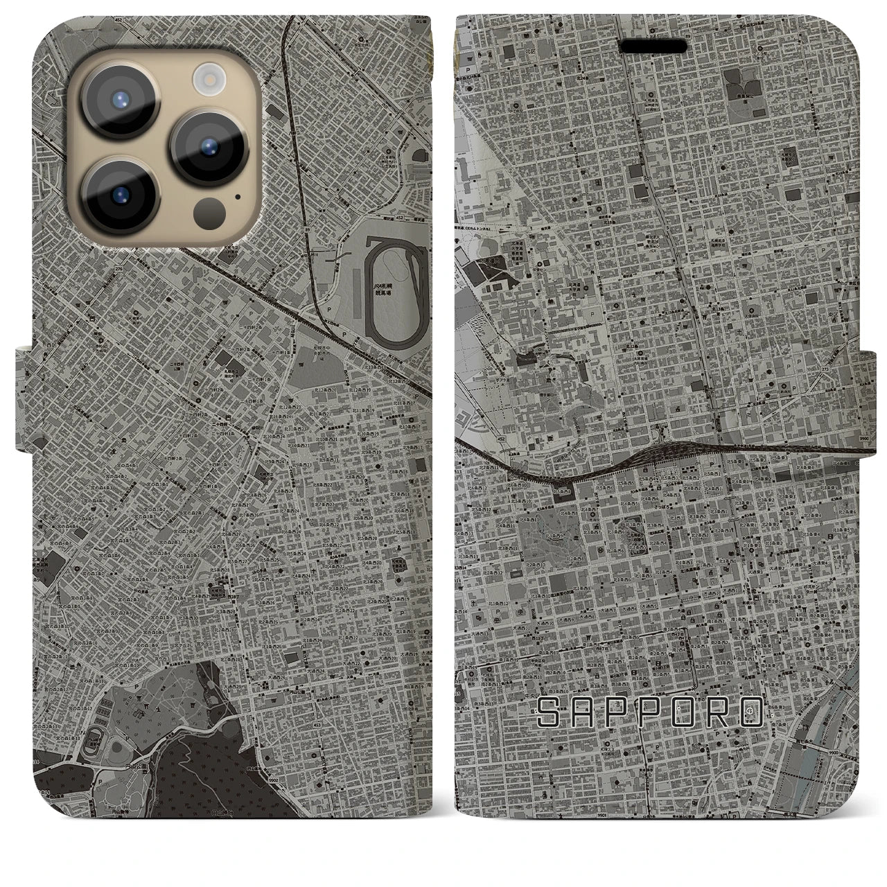【札幌2】地図柄iPhoneケース（手帳両面タイプ・モノトーン）iPhone 14 Pro Max 用