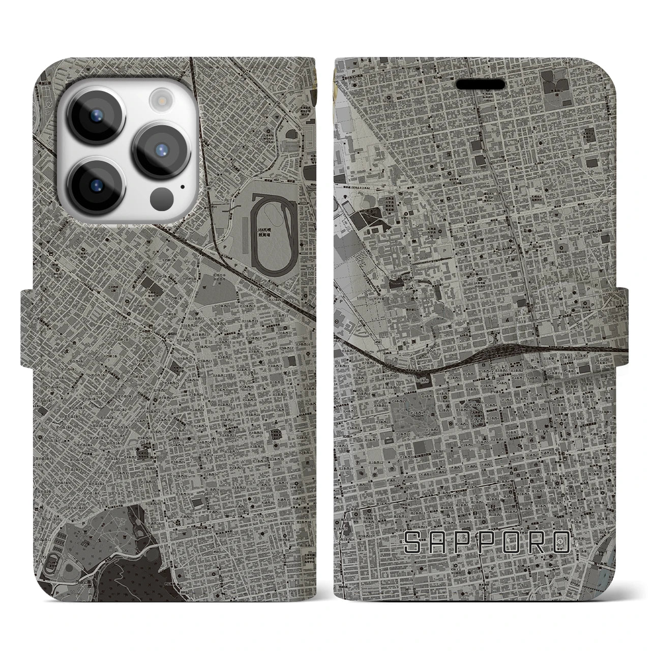 【札幌2】地図柄iPhoneケース（手帳両面タイプ・モノトーン）iPhone 14 Pro 用