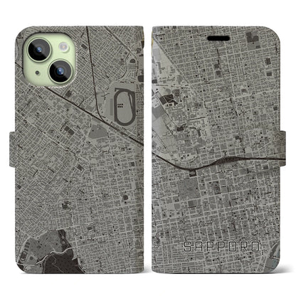 【札幌2（北海道）】地図柄iPhoneケース（手帳タイプ）モノトーン・iPhone 15 用