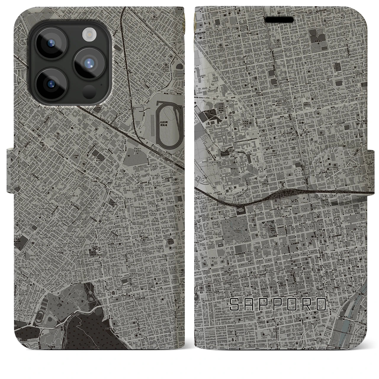【札幌2】地図柄iPhoneケース（手帳両面タイプ・モノトーン）iPhone 15 Pro Max 用