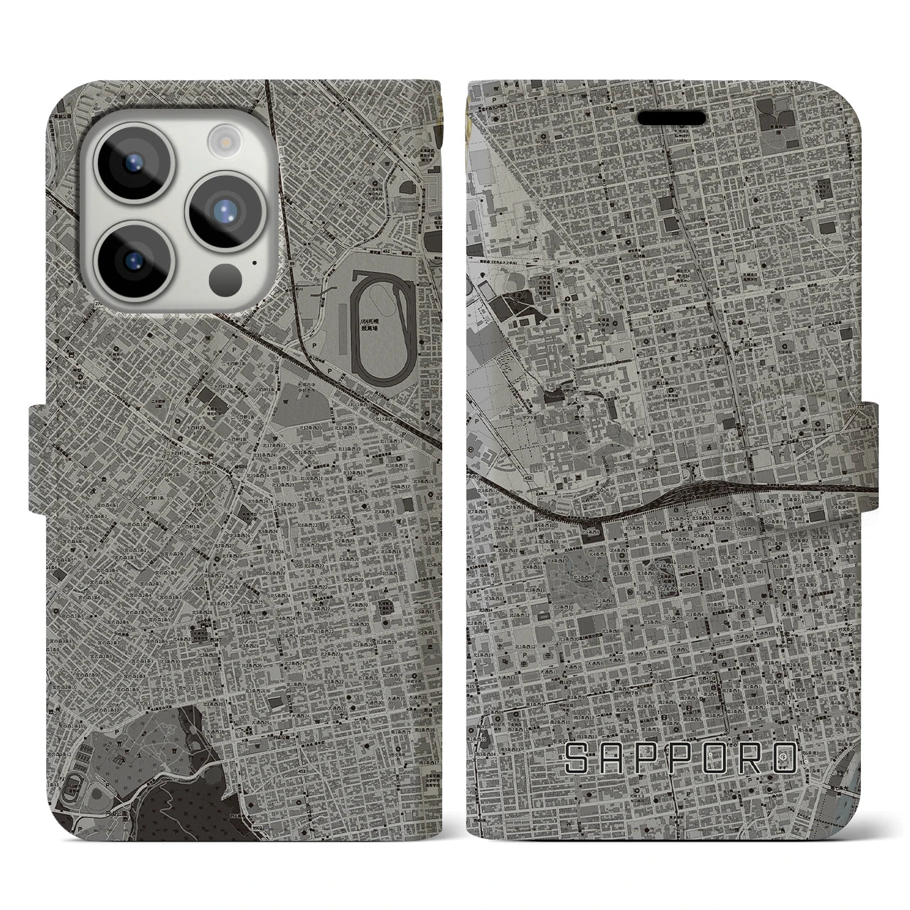 【札幌2】地図柄iPhoneケース（手帳両面タイプ・モノトーン）iPhone 15 Pro 用