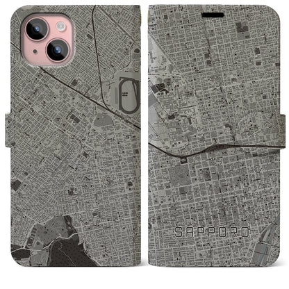 【札幌2（北海道）】地図柄iPhoneケース（手帳タイプ）モノトーン・iPhone 15 Plus 用