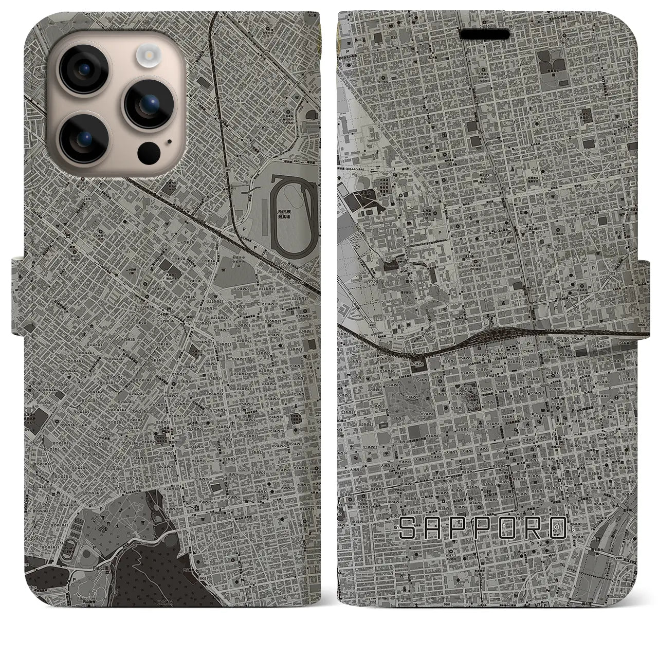 【札幌2（北海道）】地図柄iPhoneケース（手帳タイプ）モノトーン・iPhone 16 Plus 用